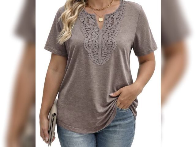 Lot 96-233086 - Fantaslook Lace Plus Size Tops for Women V Neck Short Sleeve Blouses Summer Tunic Shirts Size: 2XL N...