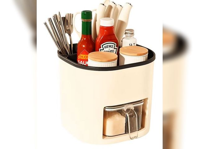 Lot 96-176109 - Rotating Utensil Holder for Kitchen Counter – Seasoning Organizer with 4 Spice Containers, Cutlery H...