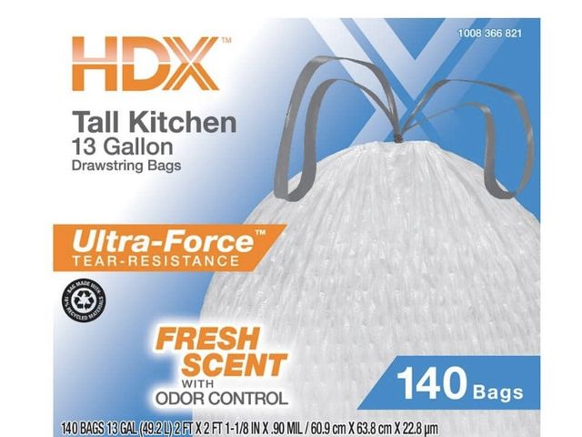 Lot 96-190759 - HDX
13 Gal. Scented Flex
Drawstring Kitchen Trash Bags with 10% PCR (140-Count)
Unused open box