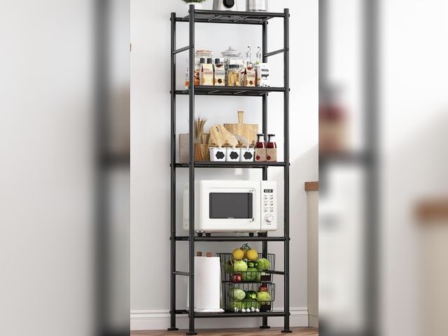 Lot 96-230683 - multi-function 5-tier black metal storage rack features a space-saving vertical design with slatted ...