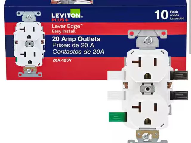 Lot 96-163004 - Leviton Lever Edge 20 Amp 125 Volt Duplex Outlet/Receptacle, Commercial Grade, White (10-Pack) ECBR2...