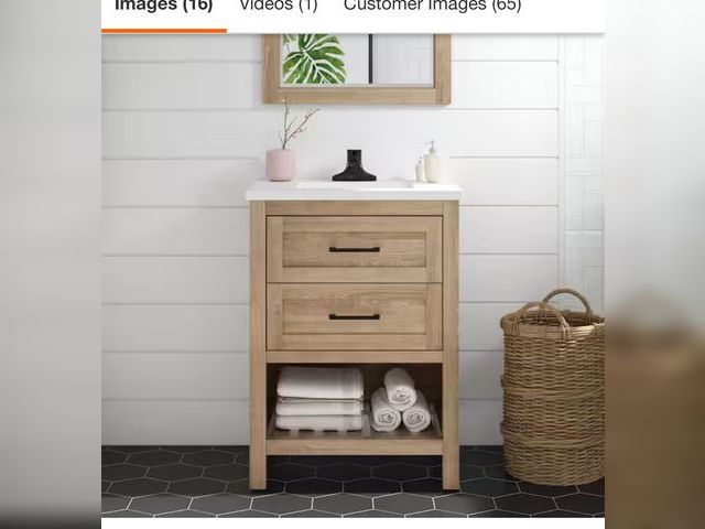Lot 96-162540 - Home Decorators Collection
Autumn 24 in. Single Sink Weathered Tan Bath Vanity with White Engineered...