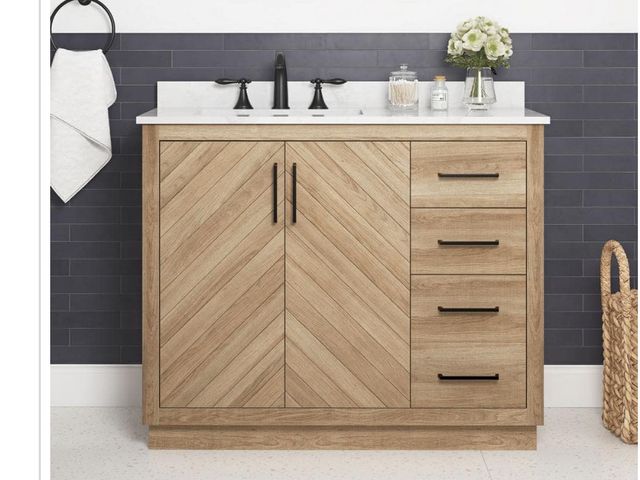 Lot 96-181999 - Glacier Bay Huckleberry 42 in. Single Sink Weathered Tan Bath Vanity with White Engineered Marble To...