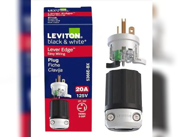 Lot 96-162976 - Leviton
Black &amp; White Lever Edge 20 Amp 125 Volt Straight Blade Plug, NEMA 5-20P, 2P, 3W, Indust...
