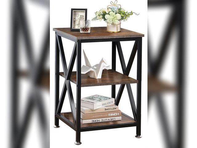Lot 96-211826 - Square End Table with Storage Shelf, 16" D X 16" W X 24" H, 3-Tier End Table Living Room, Rustic Bro...