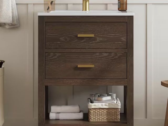 Lot 96-222093 - DELUXE DL LIVING Magen 25 in. Single Sink Bath Vanity in Walnut with White Engineered Solid Surface ...