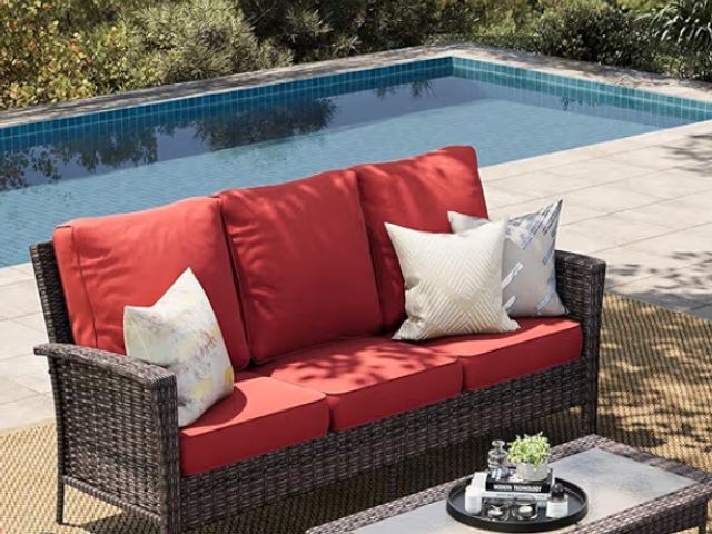 Lot 96-178898 - Red Patio Furniture Couch. 4 Pieces Wicker Rattan Outdoor Conversation Sofa Sets for Deck Lawn Yard
...