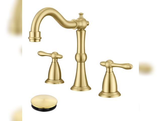 Lot 96-179752 - Antique Brushed Gold Bathroom Faucet 3 Hole, Widespread Bathroom Sink Faucet with Pop Up Drain and c...