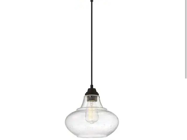 Lot 96-179795 - Savoy House Meridian 10 in. W x 10 in. H 1-Light Oil Rubbed Bronze Pendant with Clear Seeded Glass S...