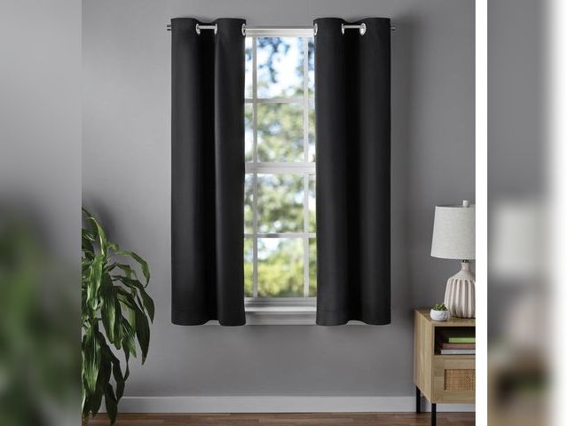 Lot 96-233171 - Mainstays Solid Blackout Grommet Curtain Panel Pair, Black New. Actual item may vary slightly from s...