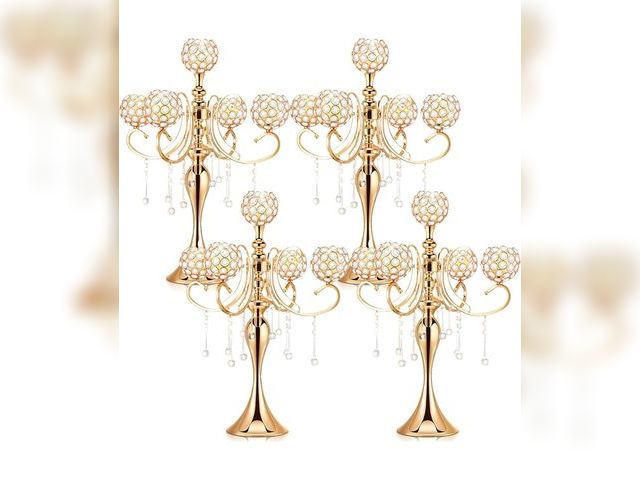 Lot 96-181452 - Dandat 4 Pcs 25.6'' 5 Arm Crystal Candelabra Candle Holder Centerpieces Gold Crystal Candelabra Cent...