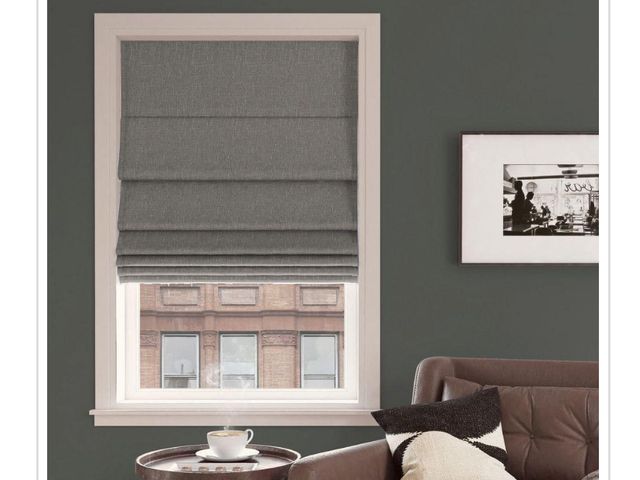 Lot 96-182104 - Sun ZeroPryer Cordless Steel Gray 100% Blackout Textured Fabric Roman Shade 35 in. W x 64 in. L MSRP...