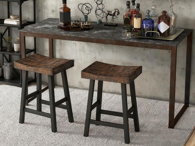 Lot 96-227863 - Wooden Backless Saddle Barstools Set of 2, 24-inch Counter Height Rustic Bar Stools with Rubber Wood...