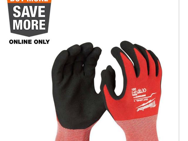 Lot 96-191777 - Milwaukee Large Red Nitrile Level 1 Cut
Resistant Dipped Work Gloves Size L