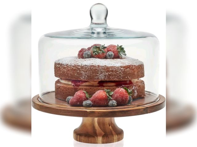 Lot 96-233009 - Wood Cake Stand with Lid, Footed Cake Stand With Cover, Durable Ball Top Handle Glass Dessert Dome E...