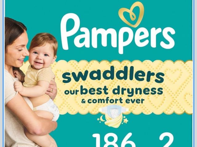 Lot 96-200635 - Pampers Swaddlers Diapers, Size 2 (10-22 lbs), 186 Count, Absorbent, Keeps Baby Dry and Comfortable,...
