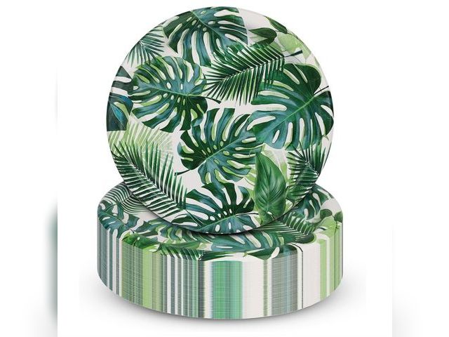Lot 96-171148 - Talking Tables 48 x Tropical Paper Plates | Made in USA | 9 Inches Bulk Pack Palm Leaf Design Dispos...