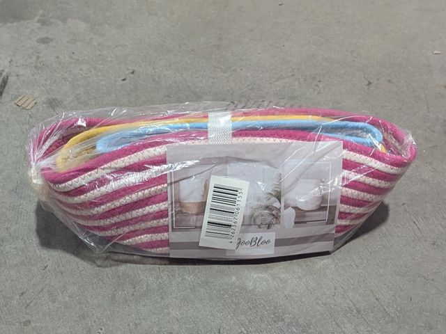 Lot 96-200848 - GooBloo 3-Pack Woven Bathroom Storage Baskets I. pink, Blue and Yellow, New