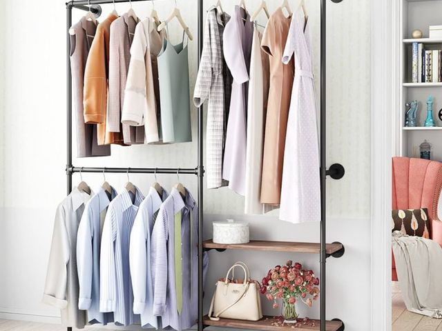 Lot 96-189991 - Industrial Pipe Clothes Racks with Black Shelves, Industrial Pipe Black Clothing Rack with Double Ha...