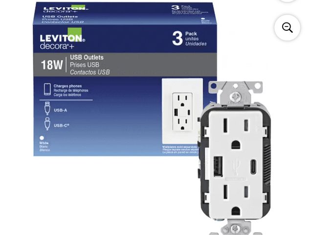 Lot 96-162910 - Leviton 18W USB Outlets Type A/C Duplex Receptacle Tamper Resistant White - Unused