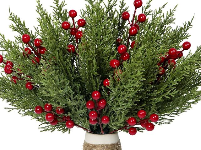 Lot 96-190927 - 30Pcs Artificial Pine Branches with Red Berry Stems Assorted Faux Cedar Leaves Sprigs Holly Berries ...