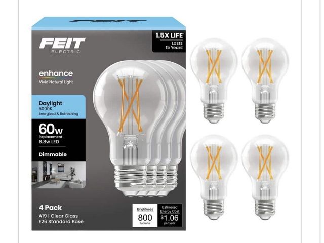 Lot 96-227711 - 3 boxes of Feit Electric 60-Watt Equivalent A19 Dimmable Clear Glass
Filament LED Light Bulb Dayligh...