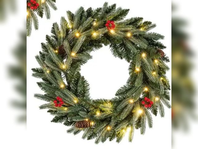 Lot 96-197613 - 24" Pre-lit Christmas Wreath, Front Door Artificial Xmas Wreath with 90 Frosted Branch Tips
New
