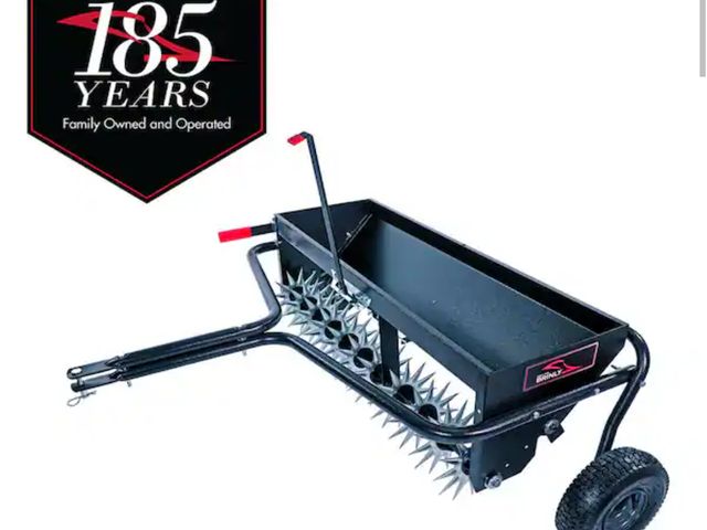 Lot 96-171593 - Brinly-Hardy 40 in. Tow-Behind Combination Aerator Spreader with 3-D Steel Tines and Pneumatic Tires...