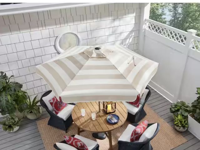 Lot 96-221795 - Hampton Bay 7.5 ft. Market Crank and Tilt Outdoor Patio Umbrella in Tan and White Cabana Stripe Unus...