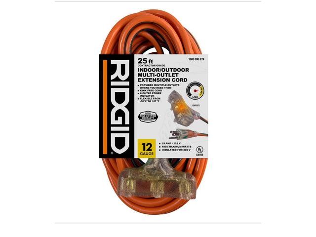 Lot 96-174613 - RIDGID 25 ft. 12/3 Heavy Duty
Indoor/Outdoor Extension
Cord with Tritap Lighted End, Orange/Grey New