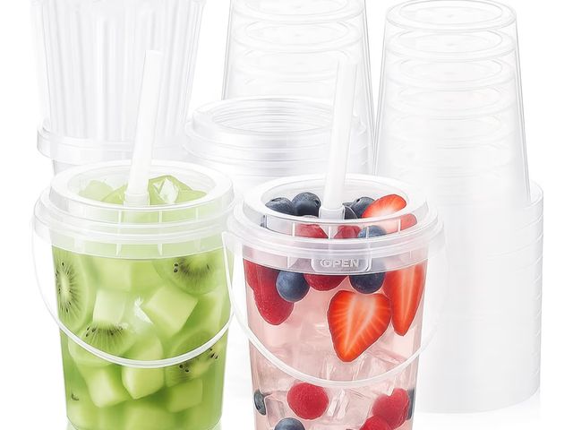 Lot 96-190955 - 50 Sets Clear Plastic Drink Buckets 24 oz PP Pails with Lids Straws and Handles Disposable Cups for ...