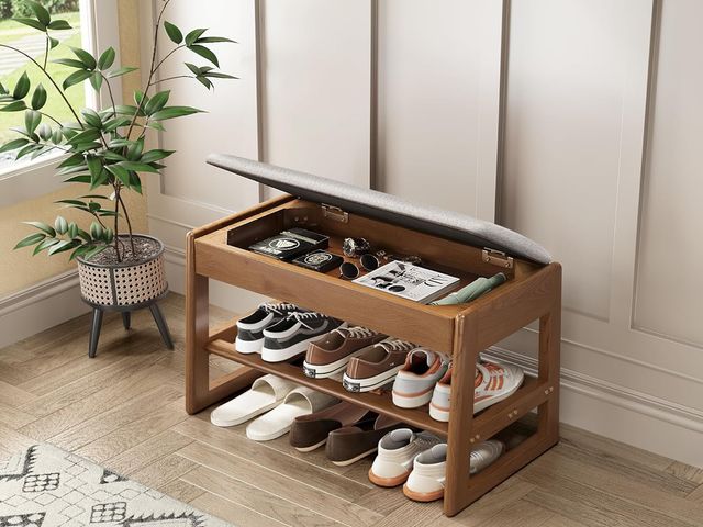 Lot 96-173896 - Shoe Bench with Cushion, 2-Tier Sturdy Shoe Storage Bench, 550lbs Capacity Rubberwood Entryway Bench...