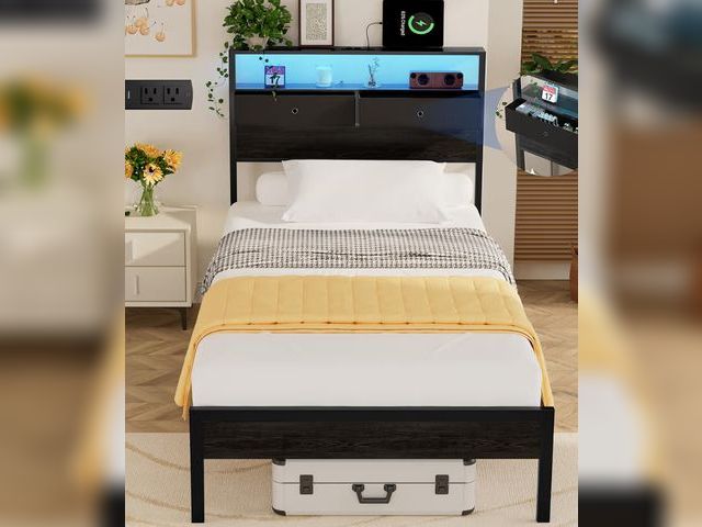 Lot 96-179589 - Twin Bed Frames with LED Lights and Charging Station, Twin Size Platform Bed with Metal Slats, Wood ...