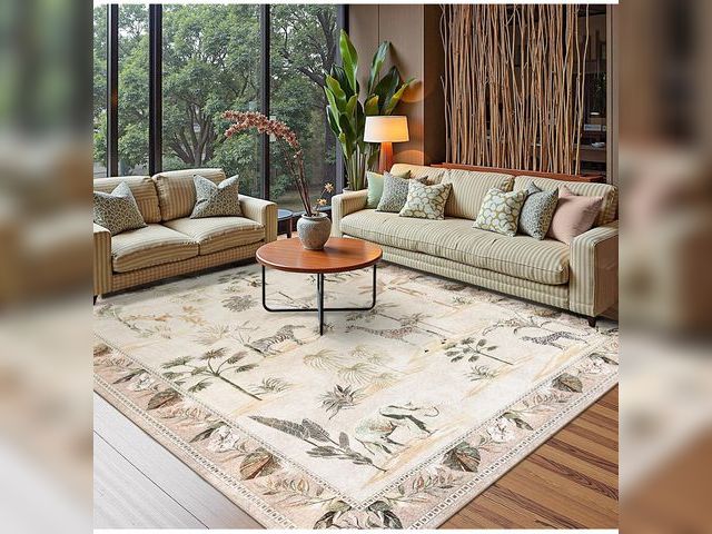Lot 96-172950 - jinchan Jungle 8x10 Beige Animals Print Living Room Rug, Machine Washable Soft Ultra-Thin Non-Slip A...