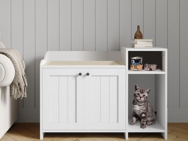 Lot 96-188092 - Cat Litter Box Enclosure Furniture, Hidden Litter Box Cabinet, Indoor Wooden Cat Washroom with Stora...