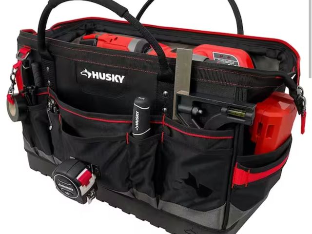 Lot 96-173770 - Husky Heavy-Duty 20 in. PRO Tool Bag. used, ripped near zipper on the top, blue paint splotch