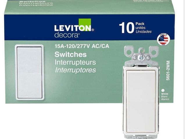 Lot 96-163803 - Leviton Decora 15 Amp Single Pole Rocker
AC Quiet Light Switch, White (10-
Pack)
New