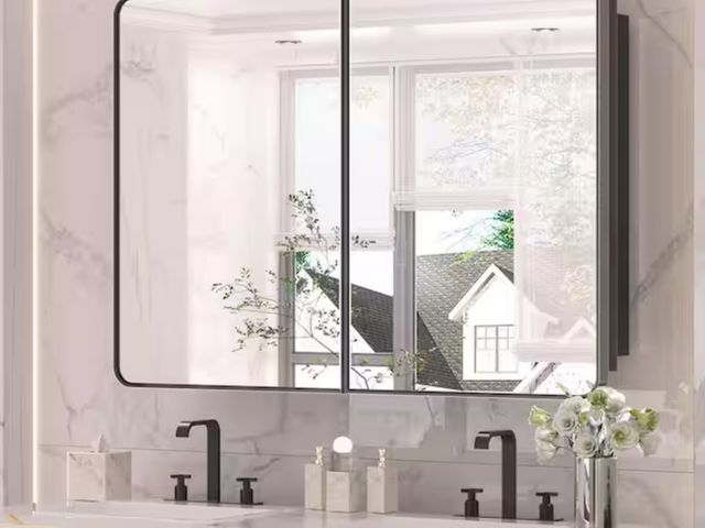 Lot 96-179657 - 40 in. W x 32 in. H Rectangular Black Stainless Steels Framed Recessed/Surface Mount Medicine Cabine...