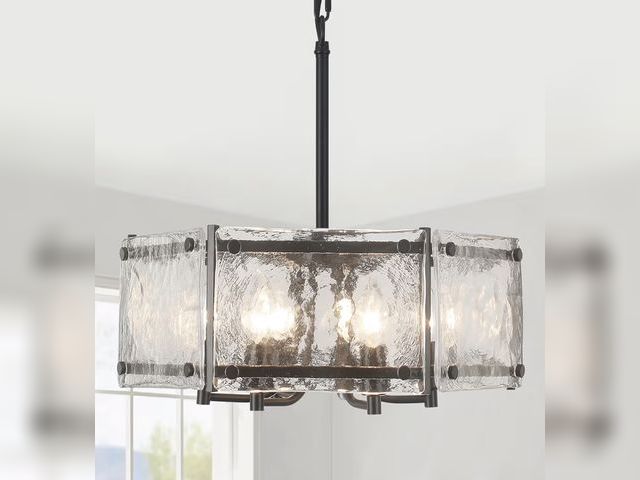 Lot 96-186583 - 6-Light Black Glass Chandelier, 18.7" Modern Textured Glass Drum Chandelier for Dining Room, Farmhou...