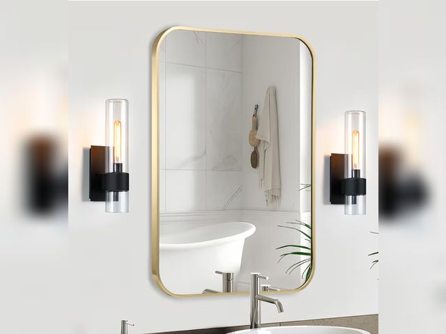 Lot 96-176682 - Gold Bathroom Mirror, 22x30 Inch Brushed Gold Mirror, Aluminum Alloy Framed Vanity Mirror, Rounded R...