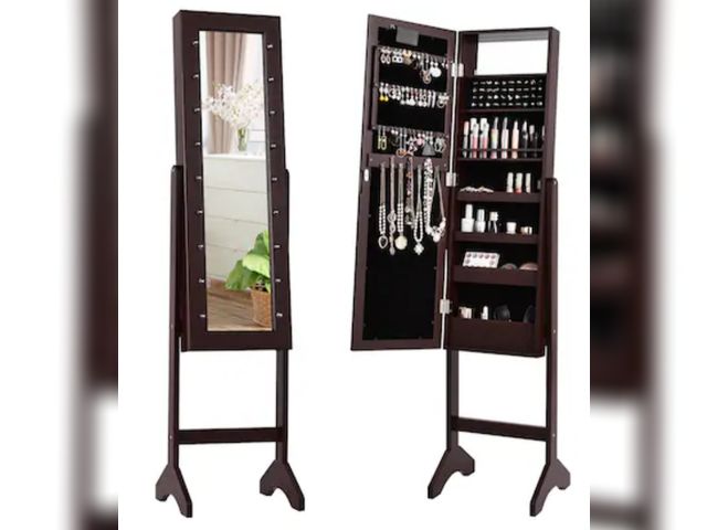 Lot 96-197737 - Slickblue Freestanding Jewelry Cabinet with Mirror and LED Lights 40 Ring Slots and Storage Shelves ...