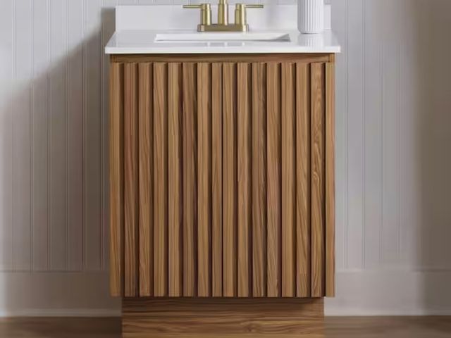 Lot 96-213998 - Glacier Bay Precine 25 in. Single Sink Natural Teak Bath Vanity with White Engineered Stone Top(Asse...