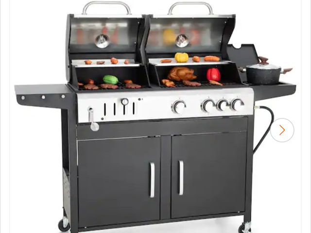 Lot 96-158449 - PHI VILLA 
3-Burner Dual Fuel Grill Propane and Charcoal in Black with Side Burner Hose and Regulato...