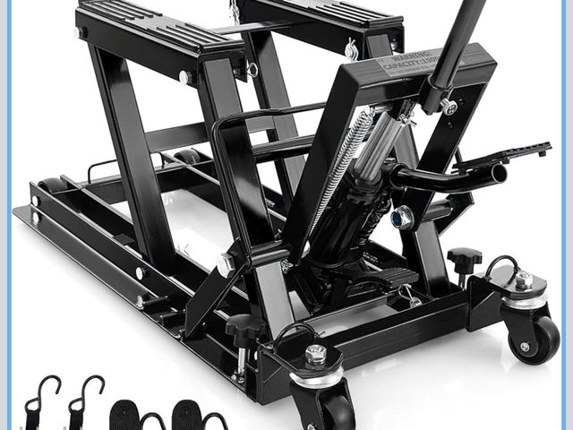 Lot 96-192310 - Toolsempire Hydraulic Motorcycle Lift Jack, 1500 LBS Motorcycle Scissor Jack with 4 Wheels &amp; Han...