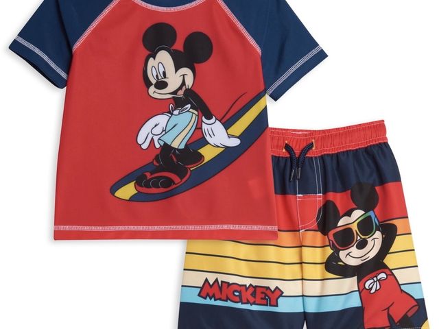 Lot 96-233196 - Disney Mickey Mouse Toddler Boys Rash Guard and Swim Trunks Outfit Set Red 5T New