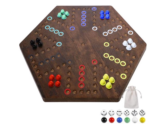 Lot 96-190674 - Wahoo Board Game - 23.6 inch Marble Game Board with 24 Glass Marbles and 6 Dice,Solid Wood Double-Si...
