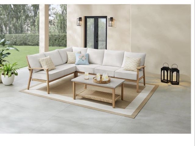 Lot 96-210886 - Hampton Bay West Haven 5-Piece Wicker Outdoor Sectional Set with CushionGuard Almond Cushions MSRP $...