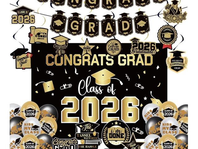 Lot 96-232941 - 2026 Graduation Party Decorations Set for High School College Black&amp;Gold Class of 2026 Backdrop ...