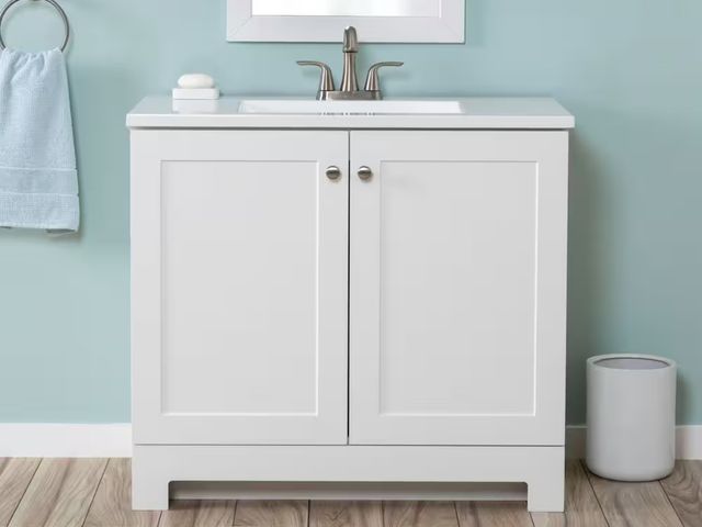 Lot 96-162505 - Glacier Bay 36 in. Single Sink White Bath Vanity with White Cultured Marble Top (Assembled) MSRP $24...
