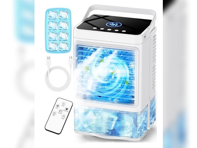 Lot 96-169543 - Small Air Conditioner w/ 3 Speeds&amp;3 Modes, Remote, 1100ML Tank Humidifier, 8-Cube Ice Tray, 120°...
